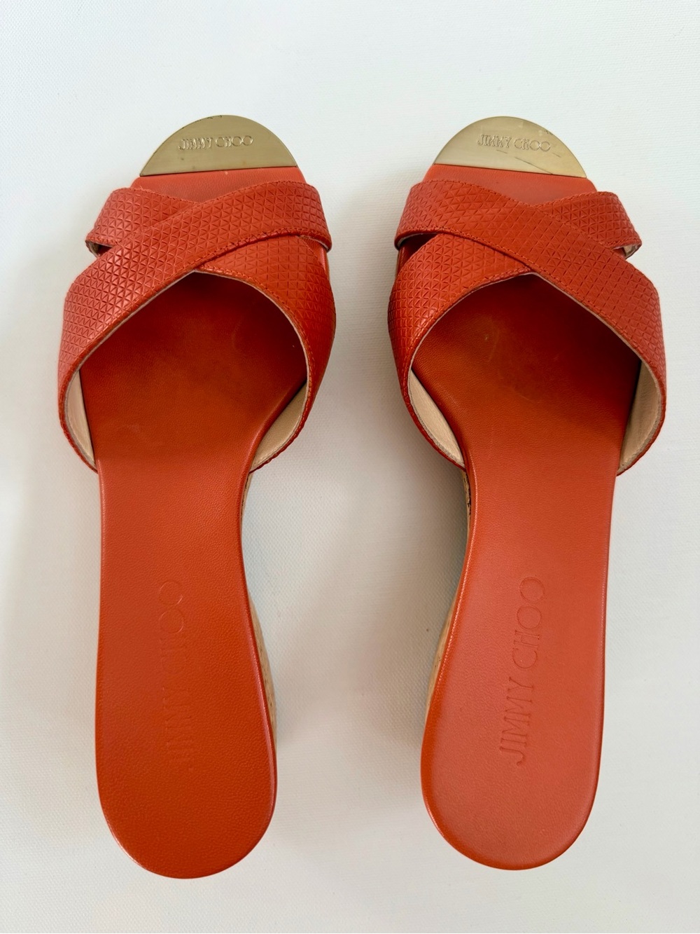 Jimmy Choo Prima Orange Embossed Leather Cork Wedge Sandals | Size 37.5/ 7.5